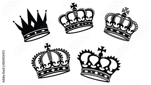 Five black crown illustrations with varying designs on a white background