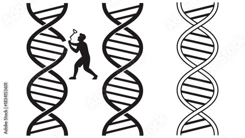 Illustration of a man breaking a dna strand with other dna strands