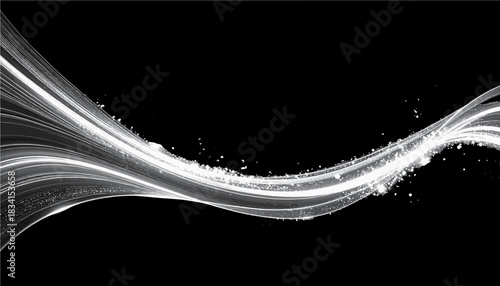 Bright silver neon light trail swoosh with sparkles, curved chrome effect isolated background SVG