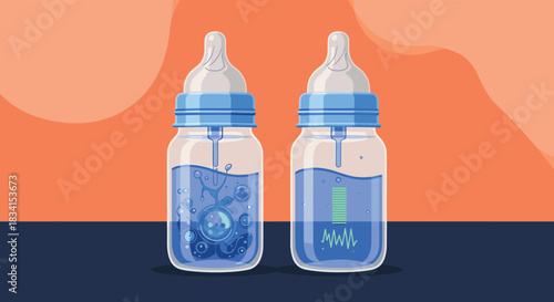 Futuristic concept illustration of two smart baby bottles one showing liquid dynamics and the other displaying digital health data.