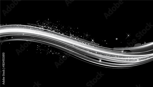 Bright silver neon light trail swoosh with sparkles, curved chrome effect isolated background SVG