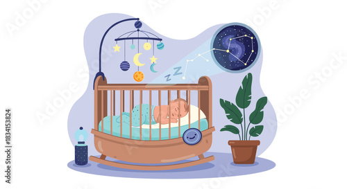 Cozy nursery scene of a baby sleeping in a rocking crib under a celestial mobile with a night light projecting constellations.