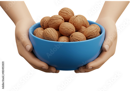 Hands holding a blue bowl filled with walnuts on transparent background