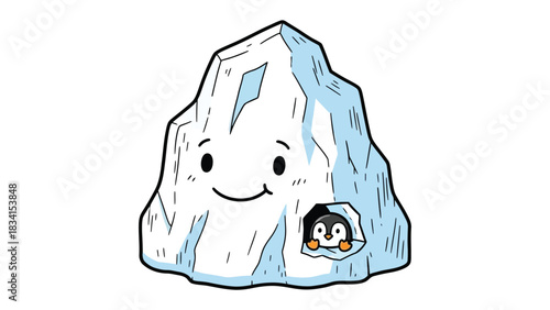 Iceberg Haven and Penguin Friend: An illustrated iceberg featuring a smiling face, cradling a penguin friend, evoking warmth and companionship. 