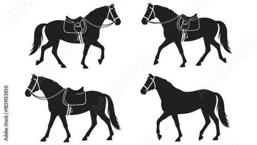 Four black horse silhouettes with saddles and bridles on white background