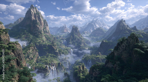 Majestic mountain landscape with lush valleys and waterfalls under a cloudy sky