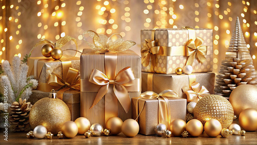 Elegant Gold Christmas Gifts & Ornaments Background