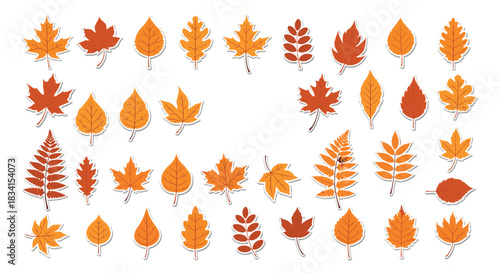 Large collection of autumn leaf stickers in various shapes and warm colors like orange and red perfect for seasonal decorations.
