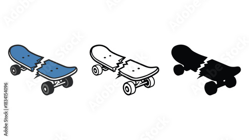 Three illustrations of a broken skateboard in color outline and silhouette
