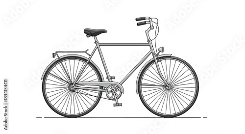 Detailed black and white illustration of a classic vintage bicycle shown from the side with all its mechanical parts visible.