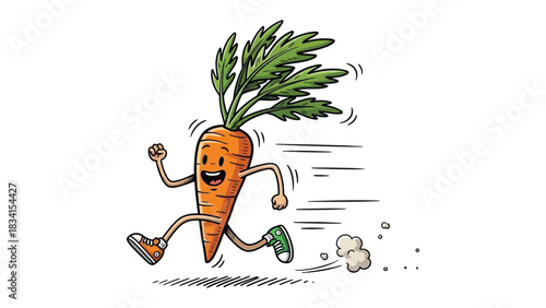 Running Carrot: A whimsical illustration of a lively carrot dashes forward with a joyful expression, perfect for promoting a healthy lifestyle. 