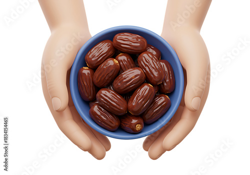 Hands holding a blue bowl filled with dates on transparent background