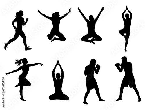 Silhouettes of People Performing Various Athletic Activities and Yoga Poses