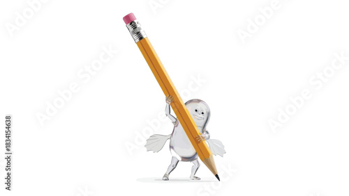 Tiny Sketch Artist: A delicate glass figurine, complete with tiny wings, confidently holds a large, classic yellow pencil, ready to bring imagination to life with its pointed tip. 