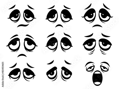 Set of cartoon tired and sleepy eyes expressing boredom and exhaustion, a monochrome vector illustration