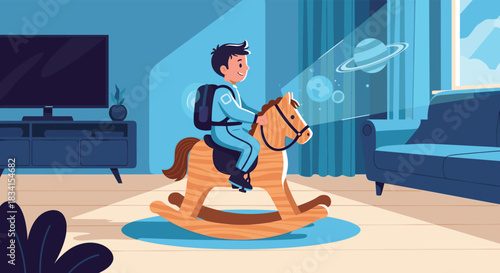 Imaginative child wearing an astronaut costume rides a wooden rocking horse at home projecting planets and dreaming of space travel.