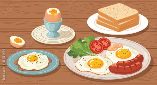 Delicious and hearty English breakfast spread on a wooden table with fried eggs sausages toast and a soft-boiled egg in a cup.