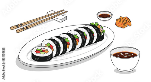 Delicious isometric illustration of a plated Korean kimbap meal with sliced rolls dipping sauce chopsticks and a side dish.