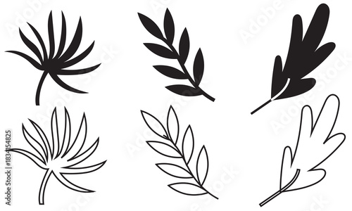 Tropical Leaf Silhouettes for Design Projects. Diverse tropical leaf silhouettes ideal for botanical illustrations, nature graphics, summer themes, and creative design backgrounds.

