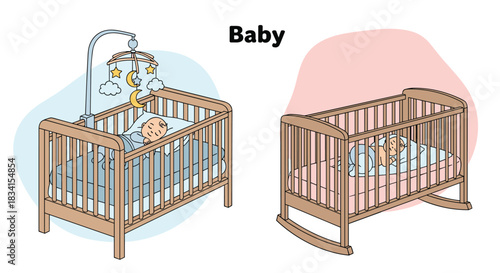 Simple cartoon illustration of two babies sleeping in different wooden cribs one a standard cot and one a rocking cradle.