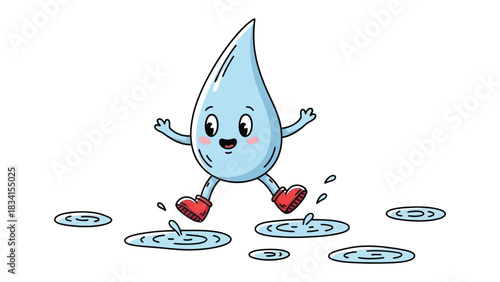 Playful Raindrop Adventure: A charming animated raindrop joyfully hops across puddles. conveying the sheer delight of a rainy day and the simple pleasures of childhood.
