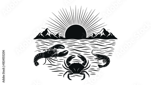 Seafood illustration with sun mountains and ocean in black and white