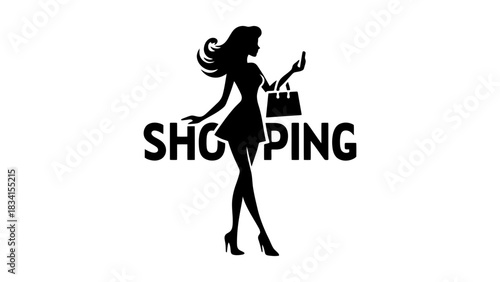 Silhouette of woman with shopping bag and phone over shopping text