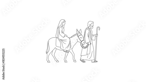 Line drawing of mary on donkey with joseph walking beside her on white