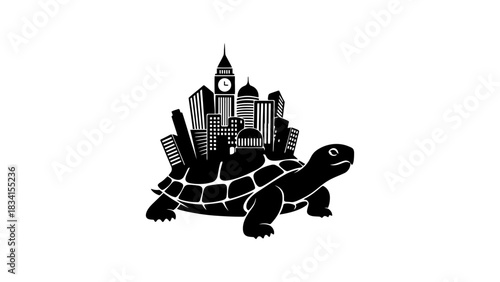 Silhouette of a turtle carrying a city on its back in black and white