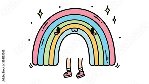 Rainbow's Whimsy: A cheerful, illustrated rainbow with a delightful personality, sparkling with joy and positivity. A cute cartoon for visual delight