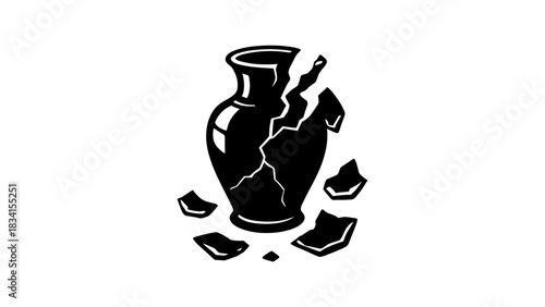 A black and white illustration of a broken vase with pieces around