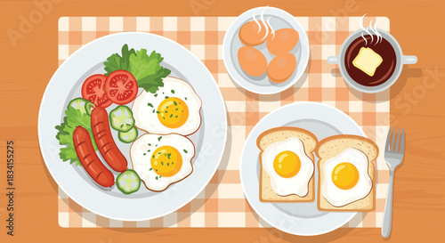 An appetizing top-down view of a complete breakfast spread with fried eggs sausages toast and coffee on a wooden table.