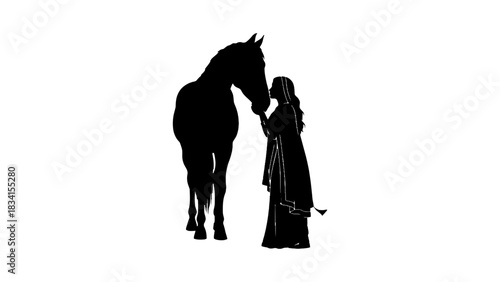 Silhouette of woman and horse touching noses in a white background