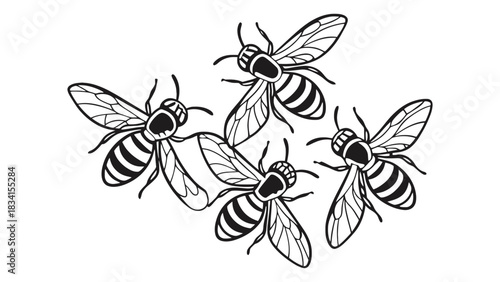 Illustration of four bees with black stripes on a white background