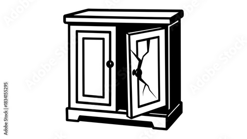 Illustration of a cabinet with one door broken and slightly open