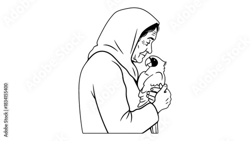 Woman in headscarf holding a parrot in black and white illustration