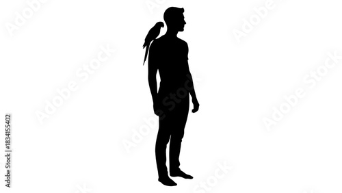 Silhouette of man with bird on shoulder standing on white background