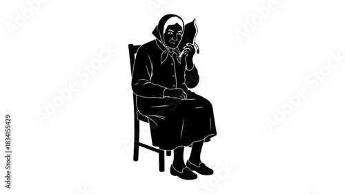 Illustration of an old woman sitting on a chair and holding a banana
