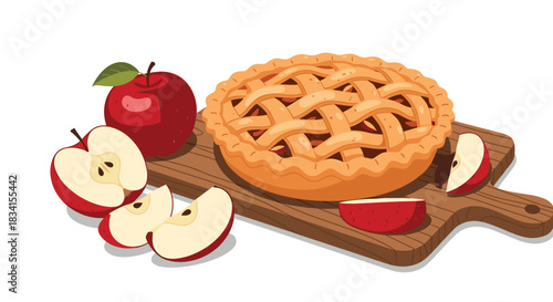 A delicious homemade apple pie with a golden lattice crust on a wooden board surrounded by fresh red apple slices.