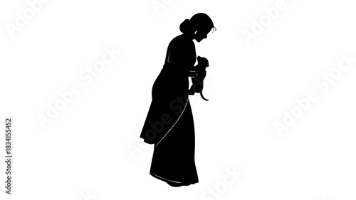 Silhouette of woman holding a puppy on a white background image
