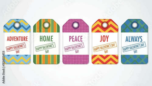 Collection of five valentine s day gift tags featuring positive words and patterns