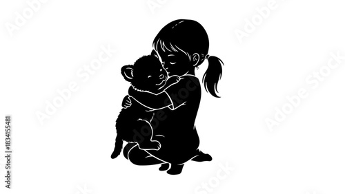 Silhouette of a girl hugging a teddy bear on a white background art
