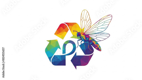 Polygonal insect on colorful recycle symbol