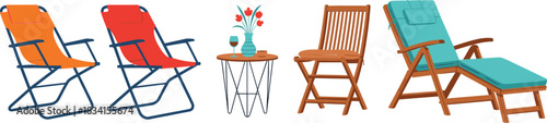 Outdoor seating furniture vector illustration set with folding lounge chairs wooden armchair and relaxing patio elements