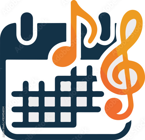 Vector calendar icon with an orange musical eighth note and treble clef for event scheduling and planning