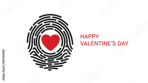Unique love fingerprint with red heart and happy valentines day text on white background