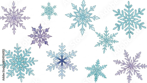 A collection of delicate watercolor snowflakes in shades of purple and blue scattered across a clean white background evoking a sense of winter magic and frosty beauty