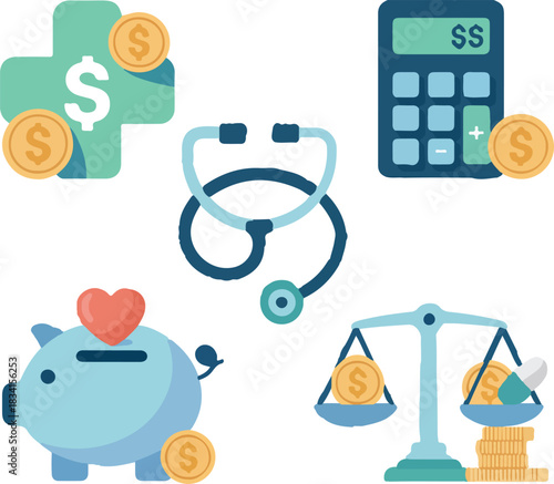 Vector collection of healthcare finance and medical expense icons featuring stethoscope, piggy bank, and calculator