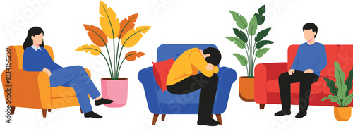 People experiencing emotions at home vector illustration set showing relaxation sadness and calm sitting in modern interiors