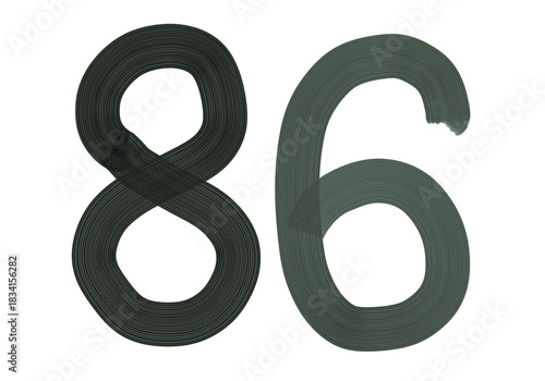 Number Eighty-six, 86 made with Plaster Rake Brush on transparent background, Digit, Black color, Dark-green color, isolated background, Illustration, Typography, Handmade, Set 0-100